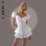 C.New S V Neck Ruffles Pleated Dress Women Puff Sleeve Chic Dress Party Hollow Out Robe Female Dresses Woman Vestidos