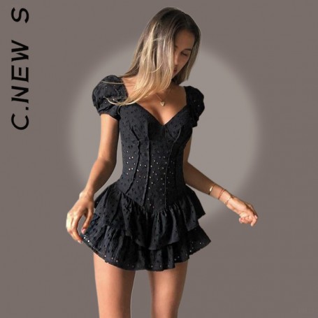 C.New S V Neck Ruffles Pleated Dress Women Puff Sleeve Chic Dress Party Hollow Out Robe Female Dresses Woman Vestidos
