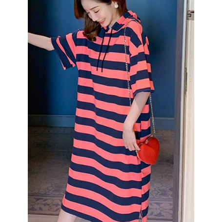 Striped Long Dress Women Hooded Oversized T-Shirt Dress Casual Loose Short Sleeve Woman Dress Fashion
