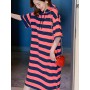 Striped Long Dress Women Hooded Oversized T-Shirt Dress Casual Loose Short Sleeve Woman Dress Fashion