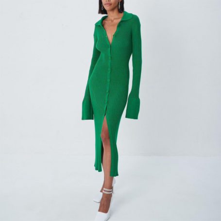 Sexy Woman Winter Dress Women Knitted Slim Green Dress Sweater Long Sleeve Bodycon Dress Button Casual Y2k Club Party Dresses