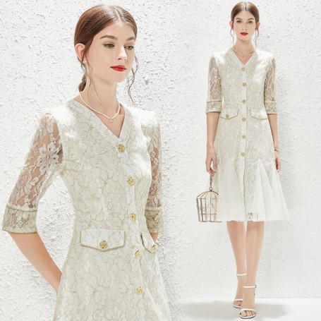 Elegant Light Luxury V Neck Women's Dress New Embroidered Lace Mesh White Office Dress Runway Designer Female Party  Dresses