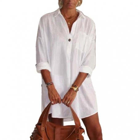 Long Sleeve Pocket Button Loose Long Shirt Mini Dress
