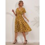 Chiffon Dress Summer Dress Retro Yellow Red Floral Print Female Casual V-neck Short-sleeved