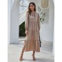 Solid Champagne Tan Color Tie Neck Collar Long Sleeves Tiered Long Maxi Dress For Women Elegant Office Lady Daily Wearing