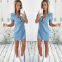 Summer Casual Jeans Dress Short Sleeve High Quality Solid Denim Vestidos Turn Down Collar Mini Party Lady