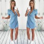 Summer Casual Jeans Dress Short Sleeve High Quality Solid Denim Vestidos Turn Down Collar Mini Party Lady