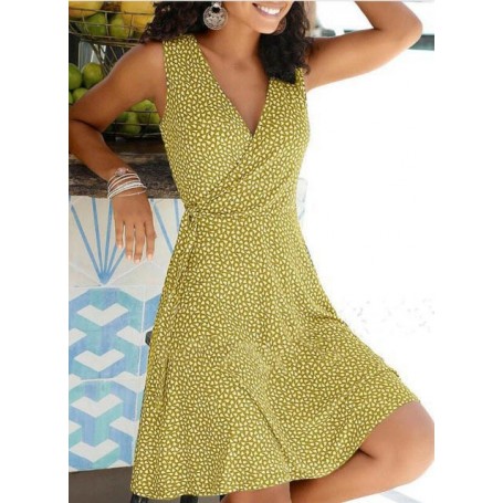 Summer Dress Women's New Casual Dot V Neck Sleeveless Bandage Beach Pop Floral Belt Women's  Clothing Women