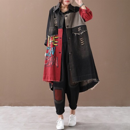 Women Punk Clothing Ladies Denim Holes Long Trench Coats Retro Oversized Windbreaker