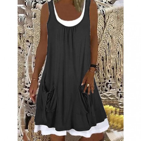 Plus Size Two Piece Set Women Sleeveless Pockets Dress Summer Solid Bohemian Tank Dresses Casual Female Loose Beach Dress S-5XL