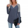 Split V-Neck Casual Cotton Tops Women New Long Sleeve Patchworked Top Femme Cotton Tshirt Female Clothing