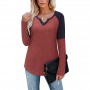 Split V-Neck Casual Cotton Tops Women New Long Sleeve Patchworked Top Femme Cotton Tshirt Female Clothing
