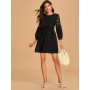 Fashion Women's Black Lace A-Line Dress O Neck 3/4 Sleeves Elegant Ball Slim Dresses Party