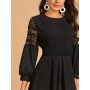 Fashion Women's Black Lace A-Line Dress O Neck 3/4 Sleeves Elegant Ball Slim Dresses Party