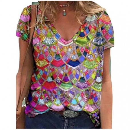 New Summer Oversized Tops Women Element Print T Shirt Streetwear Casual Short Sleeve V-Neck Lady Tee Top  Size 4XL 5XL