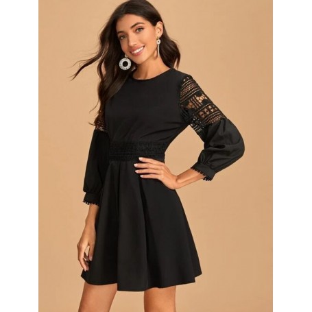 Fashion Women's Black Lace A-Line Dress O Neck 3/4 Sleeves Elegant Ball Slim Dresses Party