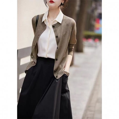 Cashmere knitted cardigan women's thin long sleeve loose outside with lazy style cashmere sweater round neck sweater coat