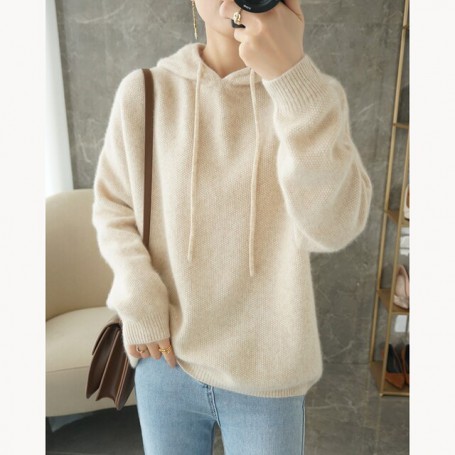 High end cashmere knitted Pullover Hoodie women's long sleeved loose with a lazy high neck sweater coat