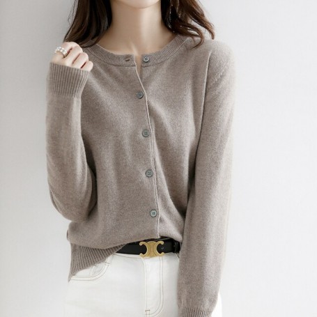 New cashmere cardigan women's round neck long sleeve loose pure cashmere sweater knit bottomed top loo