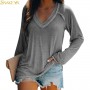 Spring and Summer  Style Solid Color Casual Long-sleeved Pullover Deep V-neck T-shirt