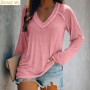 Spring and Summer  Style Solid Color Casual Long-sleeved Pullover Deep V-neck T-shirt