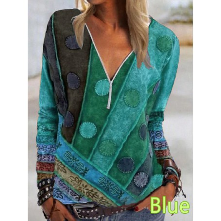 Women's Spring and Summer New Fashion Vintage Printed Zipper V-neck Long Sleeve T-shirt Casual Plus Size Soft Top