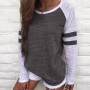 Cotton  Autumn Female O-Neck Long Sleeve Casual Simple T Shirts Pocket Patchwork Tops Spring Women Striped T-Shirts Tees GV257