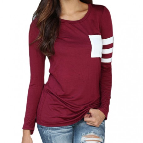 Cotton  Autumn Female O-Neck Long Sleeve Casual Simple T Shirts Pocket Patchwork Tops Spring Women Striped T-Shirts Tees GV257