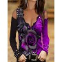 New Fashion Women Luxury Skinny Rose T-Shirt Flower Printed Off-Shoulder Rhinestone Long Sleeve Loose Clothing XS-5XL