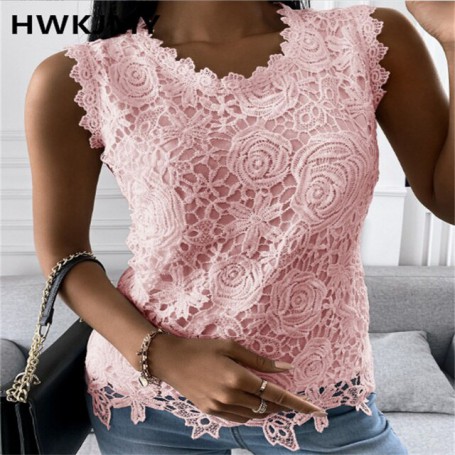 Fashion Lace Jacquard Tank Tops Women Summer Casual Sleeveless Solid T-Shirt Elegant Ladies Floral Lace O-neck Camisole Tops