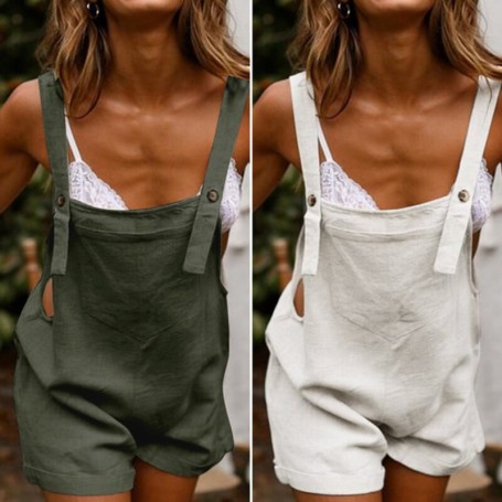 Women'S Summer Jumpsuits Linen Overalls Casual Suspender Rompers Female Solid Button Pants New