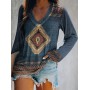 Vintage Ethnic Style Women's Sexy Geometric T Shirts Long Sleeve V-neck Print Shirts Tops Ladies Casual Pullover Autumn Summer