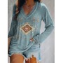Vintage Ethnic Style Women's Sexy Geometric T Shirts Long Sleeve V-neck Print Shirts Tops Ladies Casual Pullover Autumn Summer