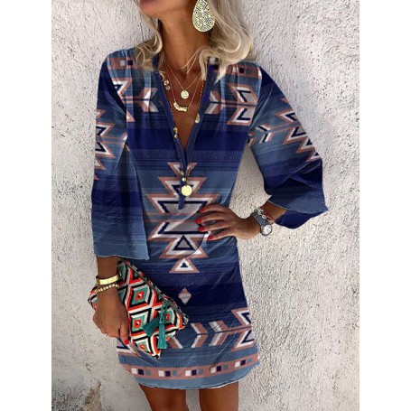 Elegant Women Dress Summer Vintage Boho Print V-Neck Half Sleeve Short Dress Sundress  Fashion Female Loose Dresses Vestidos