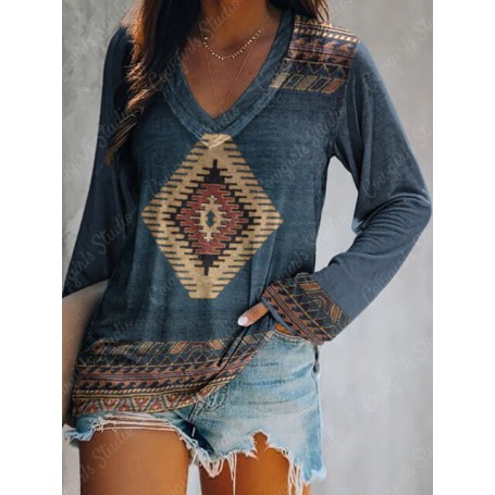 Vintage Ethnic Style Women's Sexy Geometric T Shirts Long Sleeve V-neck Print Shirts Tops Ladies Casual Pullover Autumn Summer