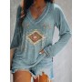 Sexy Geometric Boho V Neck Patchwork Blouse Tops  Summer Women Long Sleeve Loose Casual Ethnic Style Print T-Shirt Pullover