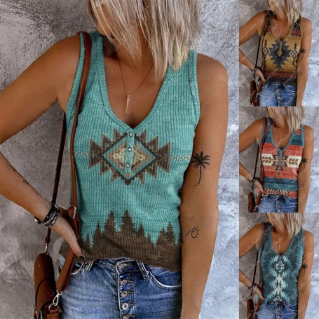 Sexy Women's Top Summer New Style Breast Button Vest Vneck Shirt Retro Ethnic Print Casual Geometric Sleeveless T-Shirt Tank Top