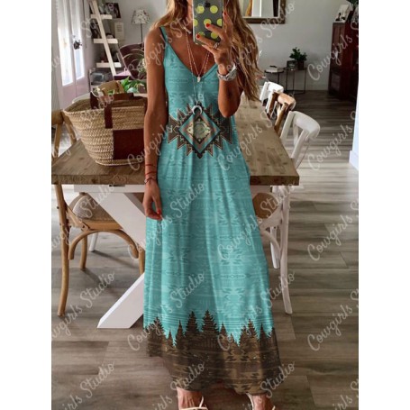 Retro Western Ethnic Geometric Print Cowgirl V-neck Slip Maxi Dress Summer Casual Loose Suspender Dress Ddjustable Maxi Dress