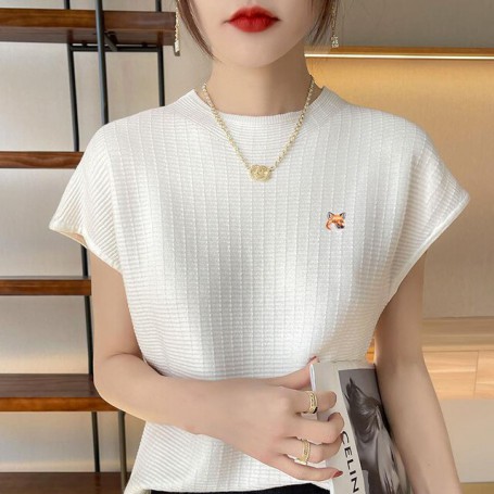 New Women Luxury Maison Fox Mascot Embroidery Logo Appliqued Knitting Polo T Shirt Fashion Short Sleeve Female T Shirt Tops