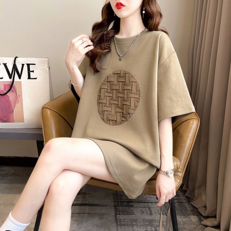 Cotton Basket Waving Design Short-sleeved T-shirt Women's Summer Top Mid-length O Neck Graphic Tees Women Streetwear Top