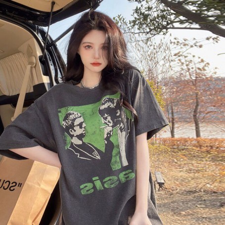 American retro T-shirt women summer new loose couple print all match short sleeved trendy women clothes oversized t shirt