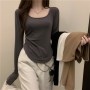 Women Long Sleeve Square Neck T-Shirt Spring And Autumn New Irregular Hem Slim Casual Top Girl Bottom Shirts