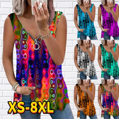 Women's Plus Size tank tops  New Love Printing vest Sexy V-neck Zipper sleeveless T-shirt Casual Loose Pullover Tops