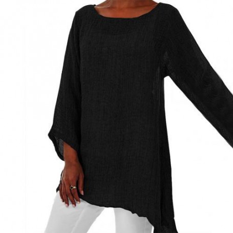 top mujer  Summer Loose Shirt women tops Solid Linen O-Neck Long Sleeve Irregular Tunic Top T-Shirt  женские блузки