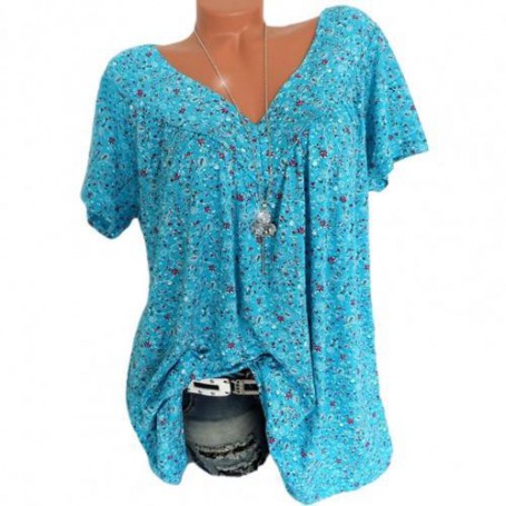 Summer Women Blouse Casual V-Neck Floral Print Top Loose Hem Short Sleeve All Match Women Shirt V-Neck Women Shirt