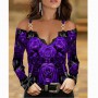 Woman Tshirts  Metal Shoulder Strap Long-sleeved  Lace Rose Print Oversized  Sexy Tops Plus Fashion