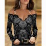 Woman Tshirts  Metal Shoulder Strap Long-sleeved  Lace Rose Print Oversized  Sexy Tops Plus Fashion