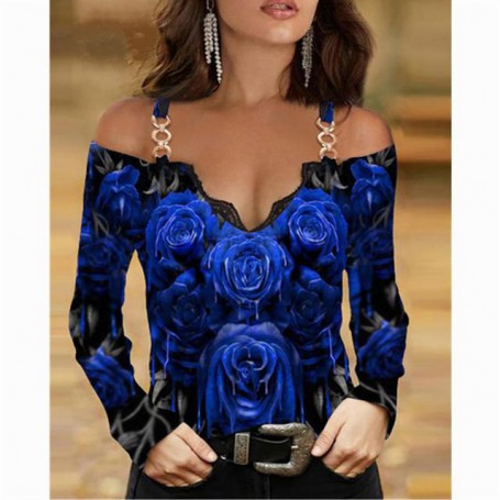 Woman Tshirts  Metal Shoulder Strap Long-sleeved  Lace Rose Print Oversized  Sexy Tops Plus Fashion