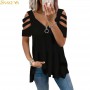 Ladies Fashion New Summer Solid Color V-Neck Zipper Short Sleeve Top S-5XL