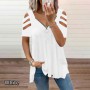Ladies Fashion New Summer Solid Color V-Neck Zipper Short Sleeve Top S-5XL